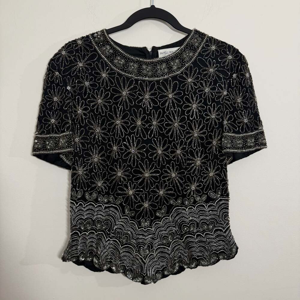 Vintage Papell Boutique Evening Black Silk Beaded Sequin Top Size M Whimsygoth
